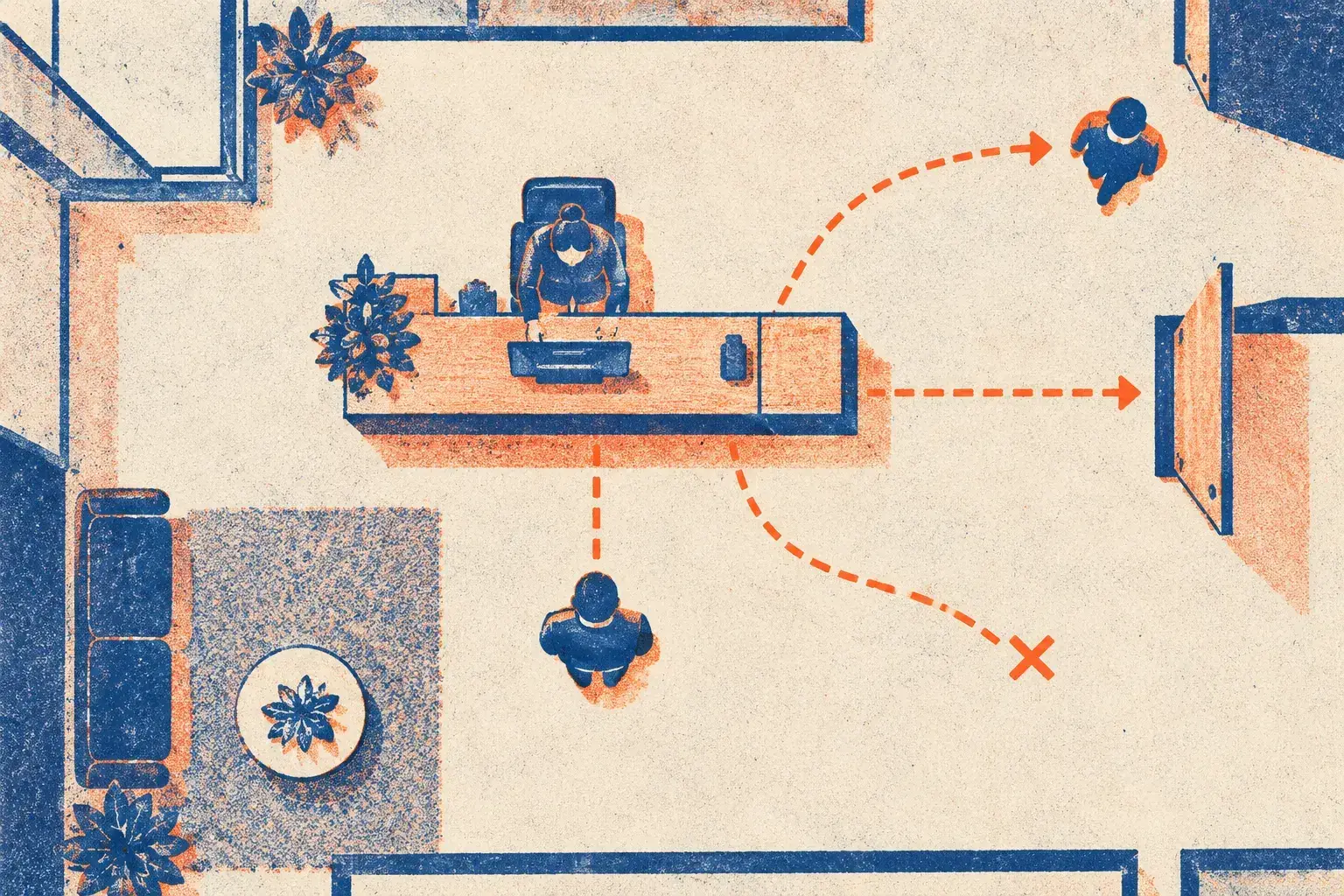 Illustration en vue de dessus d'un accueil d'immeuble de bureaux : une agente à son comptoir, trois personnes et des trajets en pointillé, dont un barré d'une croix