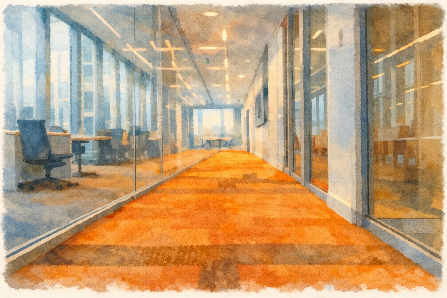 Couloir d'immeuble de bureaux tertiaire — hospitalité active et expérience occupant