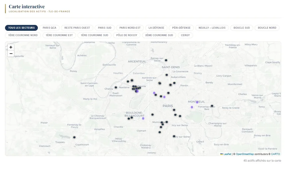 Carte interactive de l'Observatoire des Immeubles Serviciels — 45 actifs référencés localisés en Île-de-France